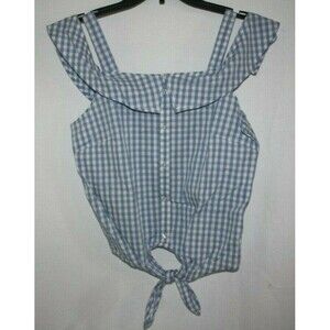 Ultra Flirt Women's Juniors Off-The-Shoulder Blue White Checker Blouse Large